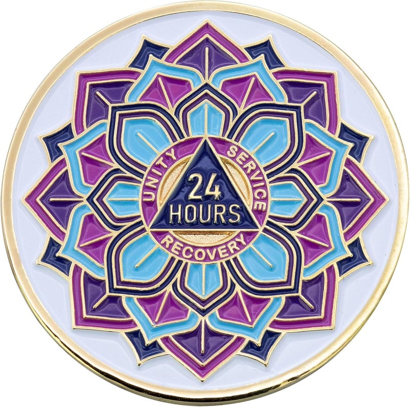 Sobriety Mint 24 Hours AA Coin - 'in Bloom' Lotus Flower Recovery Medallion/Chip - White/Gold - Image 1